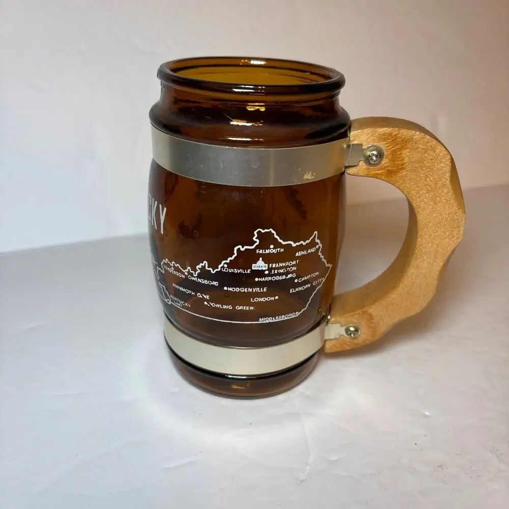 Vintage Souvenir Kentucky Blue Grass State Brown Glass Barrel Mug Wood Handle